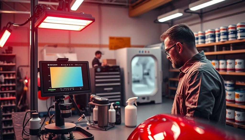 Technician using advanced color matching technology in an auto body shop, with a spectrophotometer and color display, ensuring precise paint matching for vehicle finishes.