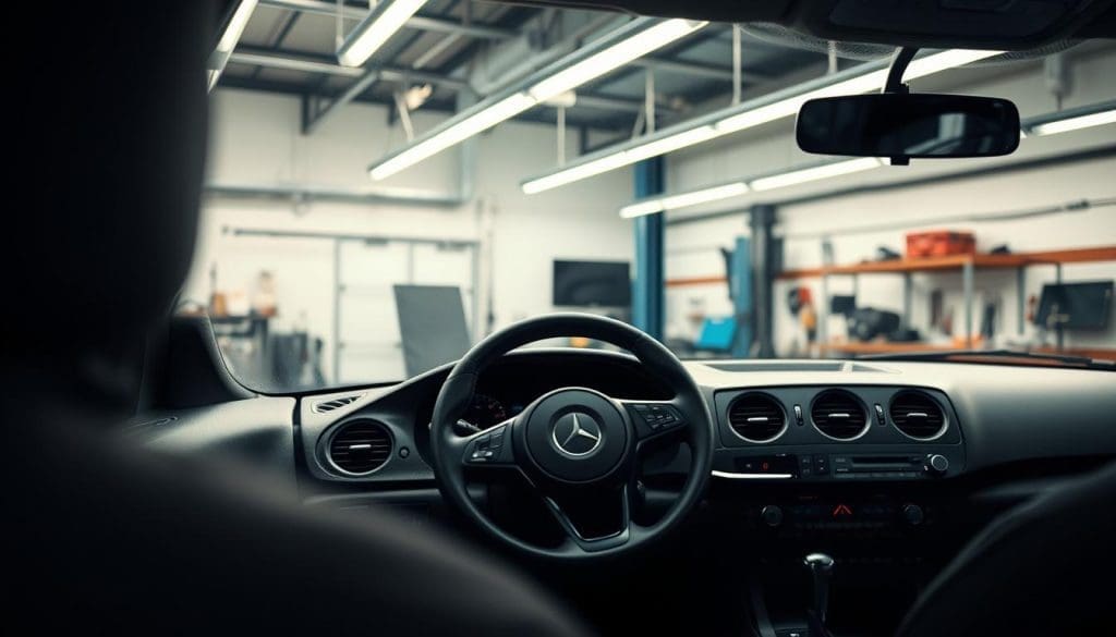 Interior view of a Mercedes-Benz vehicle in a repair shop, highlighting the dashboard and steering wheel, emphasizing the vehicle's assessment process at Miracle Body and Paint Collision Center.