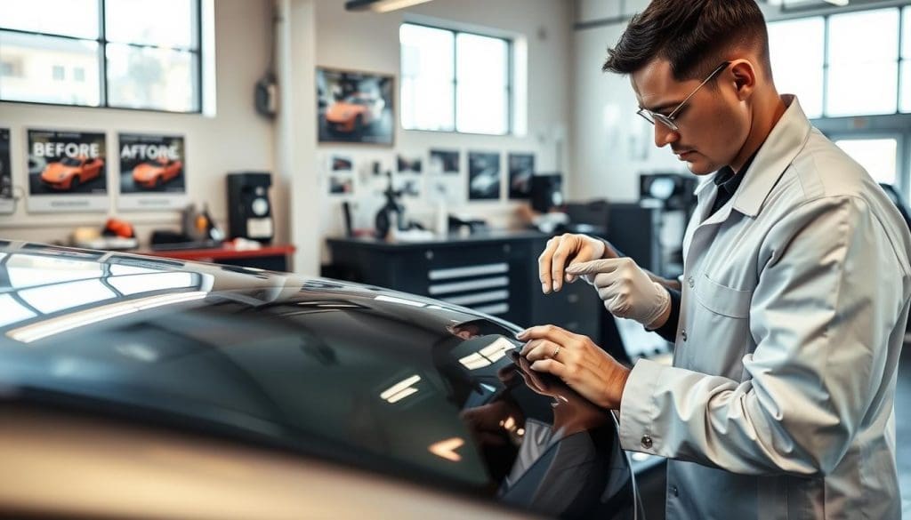 Technician performing paintless dent repair on a vehicle at Miracle Body and Paint Collision Center, showcasing expertise and state-of-the-art equipment in a professional workshop environment.