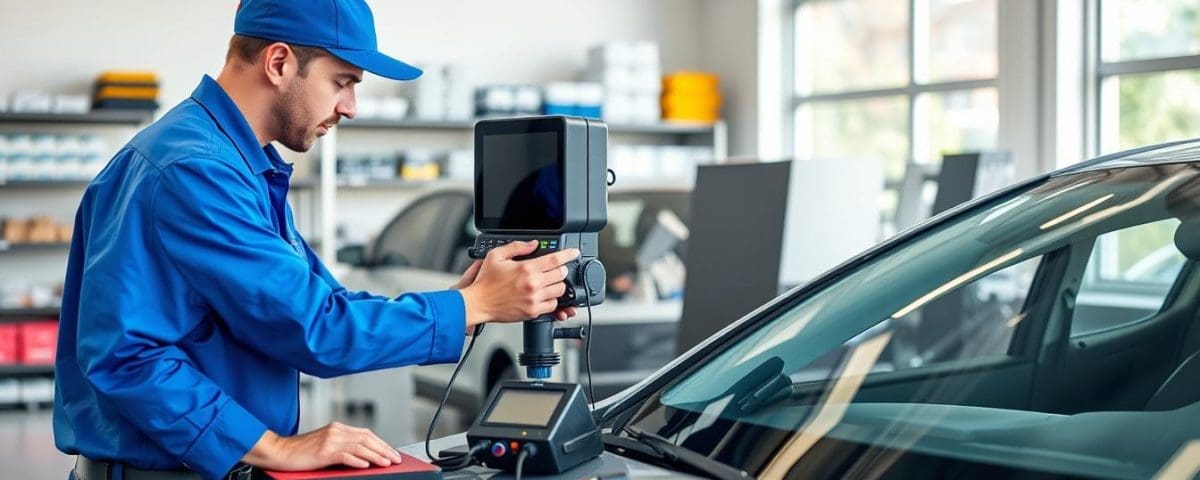 Auto technician calibrating Advanced Driver Assistance Systems (ADAS) on a vehicle at Miracle Body and Paint Collision Center, emphasizing windshield replacement and safety.