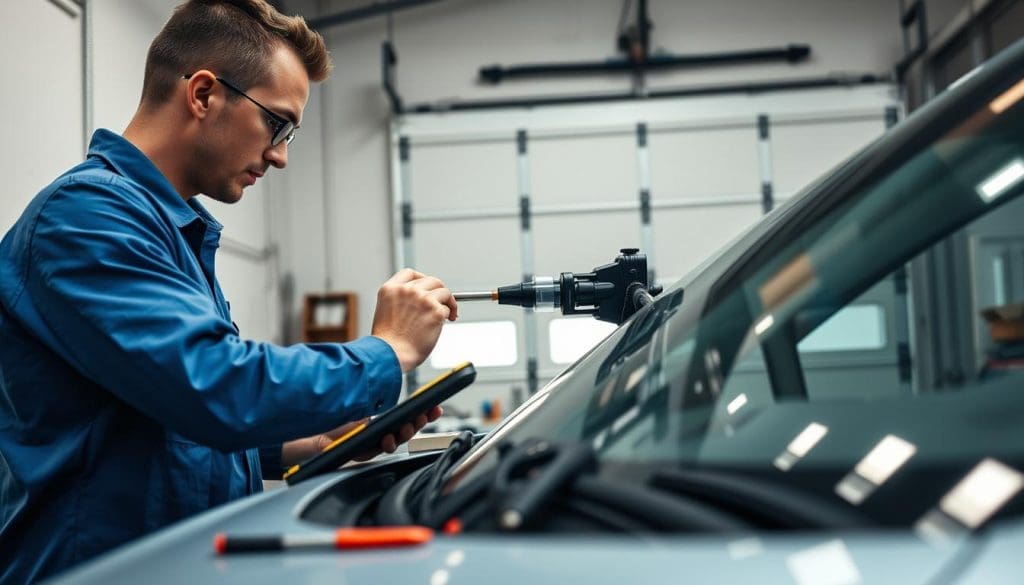 Technician performing auto glass calibration using specialized equipment, ensuring proper alignment for Advanced Driver Assistance Systems (ADAS) at Miracle Body and Paint Collision Center.