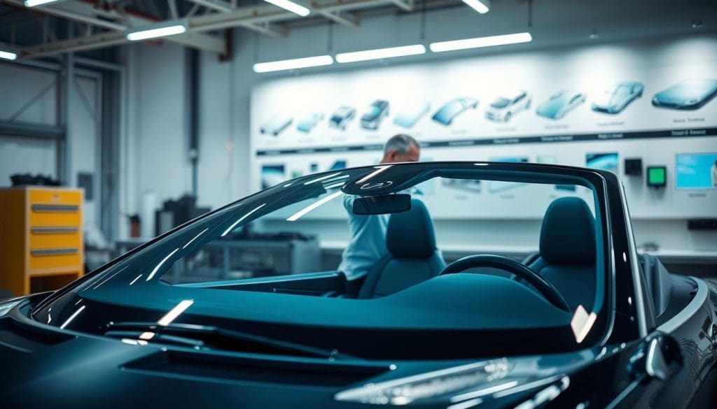 Modern convertible car interior with a focus on the windshield, showcasing advanced auto glass technology in a workshop setting, highlighting vehicle safety features and calibration processes.