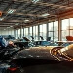 Auto body technician inspecting a vehicle in a repair shop, emphasizing professional assessments for frame damage and collision repairs in San Antonio.