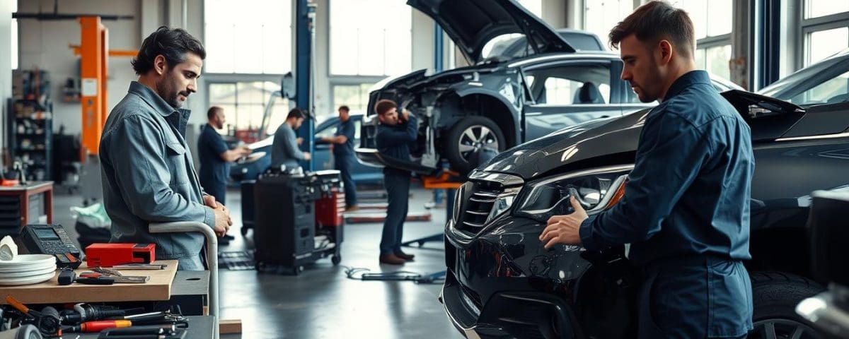 Mechanics inspecting and repairing vehicles in a busy auto body shop, highlighting the collision repair process at Miracle Body and Paint Collision Center.