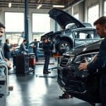 Mechanics working on vehicles in a modern auto repair shop, highlighting the car repair process relevant to paintless dent repair services at Miracle Body and Paint Collision Center.