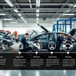 Auto body repair shop interior with technicians working on vehicles, showcasing certified collision repair processes and quality inspections for vehicle safety.