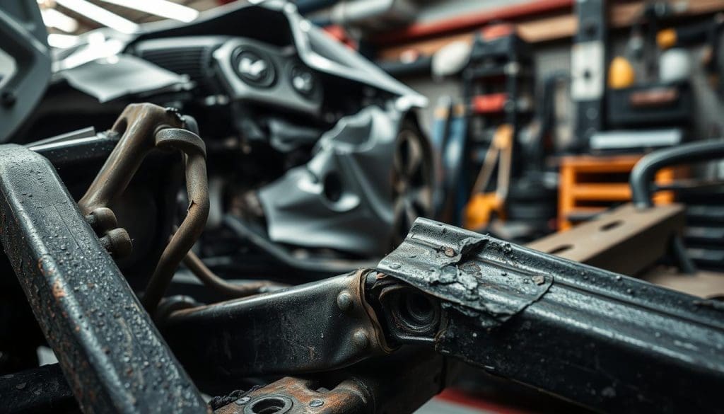 Damaged vehicle frame with visible cracks and bending, showcasing the need for professional collision repair and alignment assessment at Miracle Body and Paint in San Antonio.