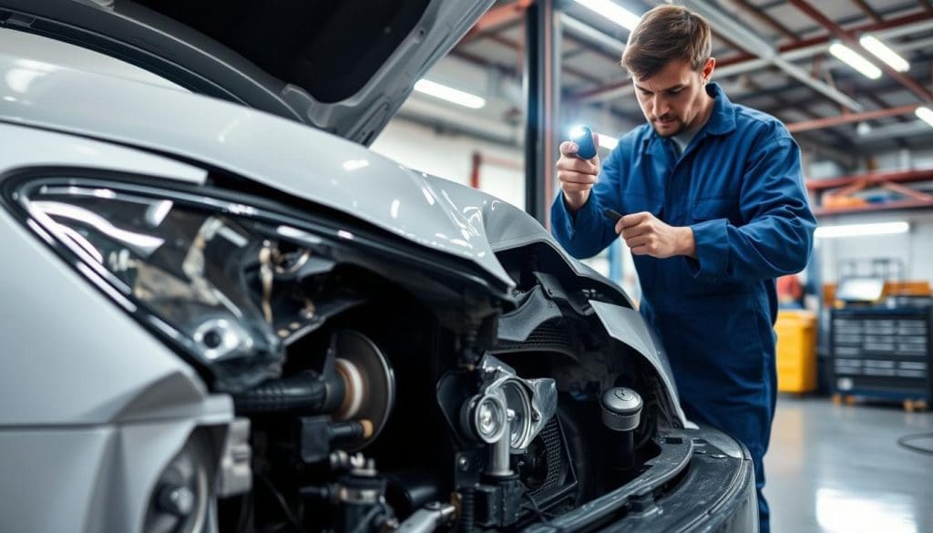 Mechanic inspecting vehicle engine with flashlight in auto repair shop, emphasizing importance of thorough inspections for hidden damage after collisions.