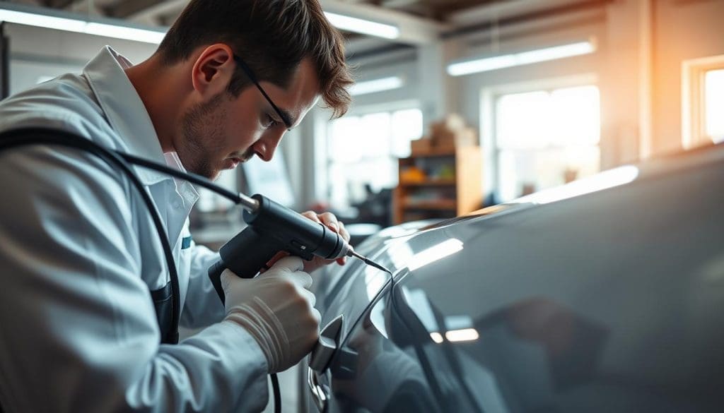 Technician performing paintless dent repair on a vehicle, focusing on a small dent, in a well-lit auto repair shop.