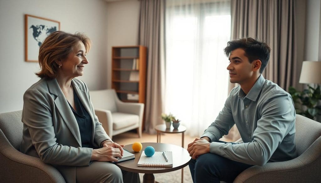 Woman in a gray suit and man in a light blue shirt sitting in a therapy session, discussing post-collision psychological effects, with a notepad and colorful stress balls on a table.