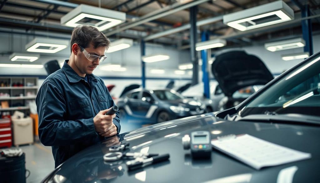 Technician conducting quality control checks on a vehicle in a collision repair shop, surrounded by tools and cars, emphasizing safety and thorough inspections at Miracle Body and Paint Collision Center.