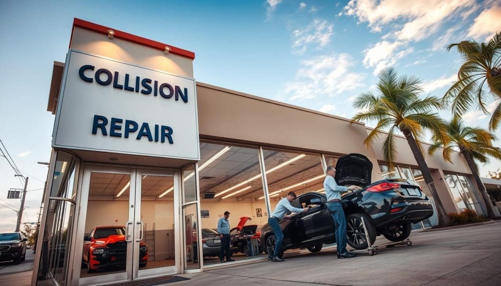 Collision repair shop exterior in San Antonio, featuring a prominently displayed sign, two technicians inspecting a vehicle, and palm trees in the background.