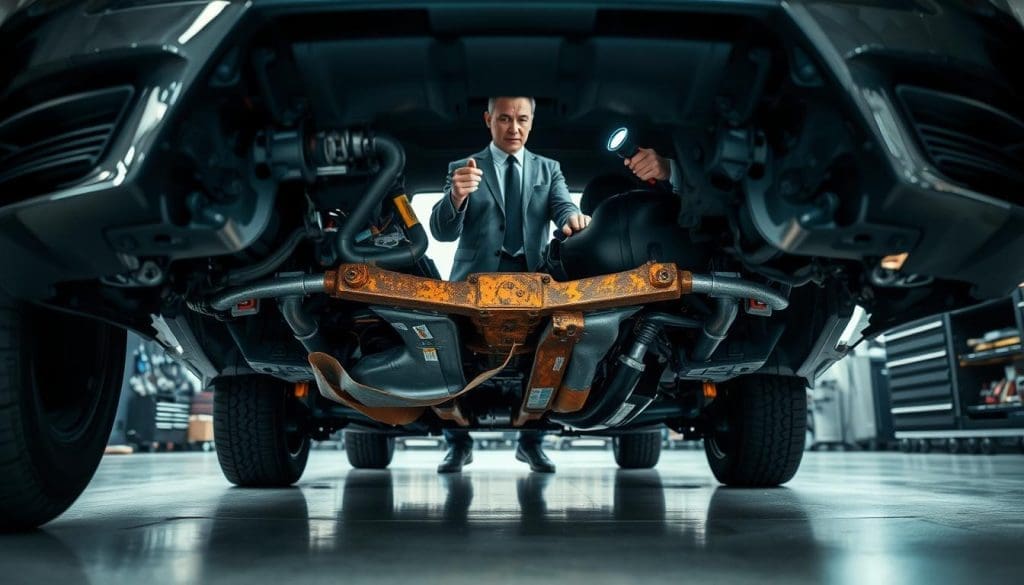 Mechanic inspecting car frame under vehicle, highlighting signs of potential frame damage, including misalignment and wear, in a professional auto repair setting.