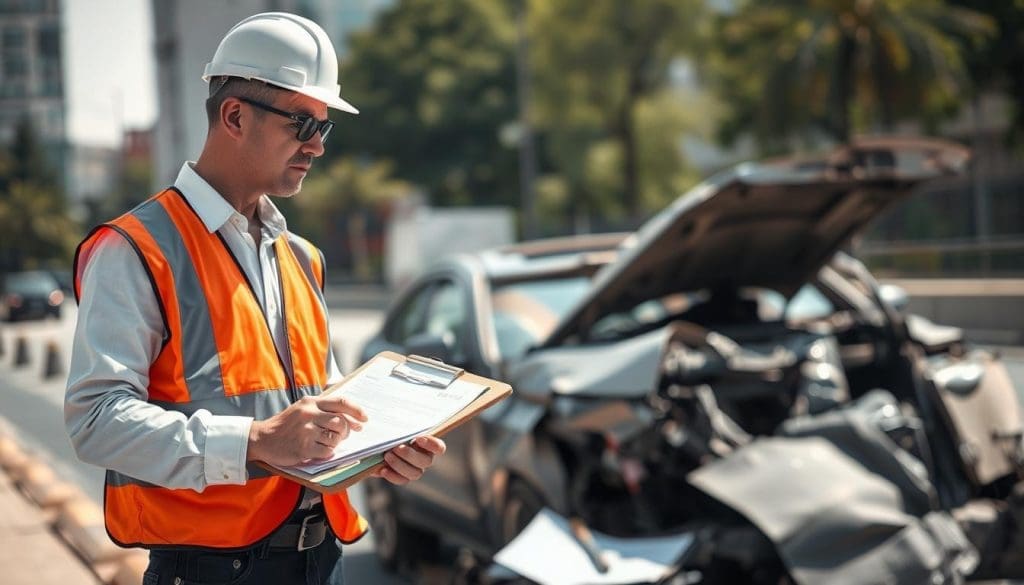 Professional assessing structural damage on a car after an accident, wearing safety gear and holding a clipboard, with a damaged vehicle in the background.