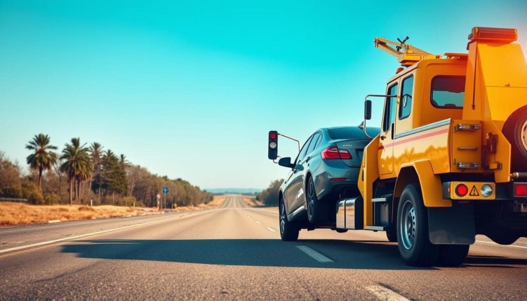 Tow truck assisting a vehicle on a highway, highlighting the importance of reliable towing services for vehicle safety and repair.