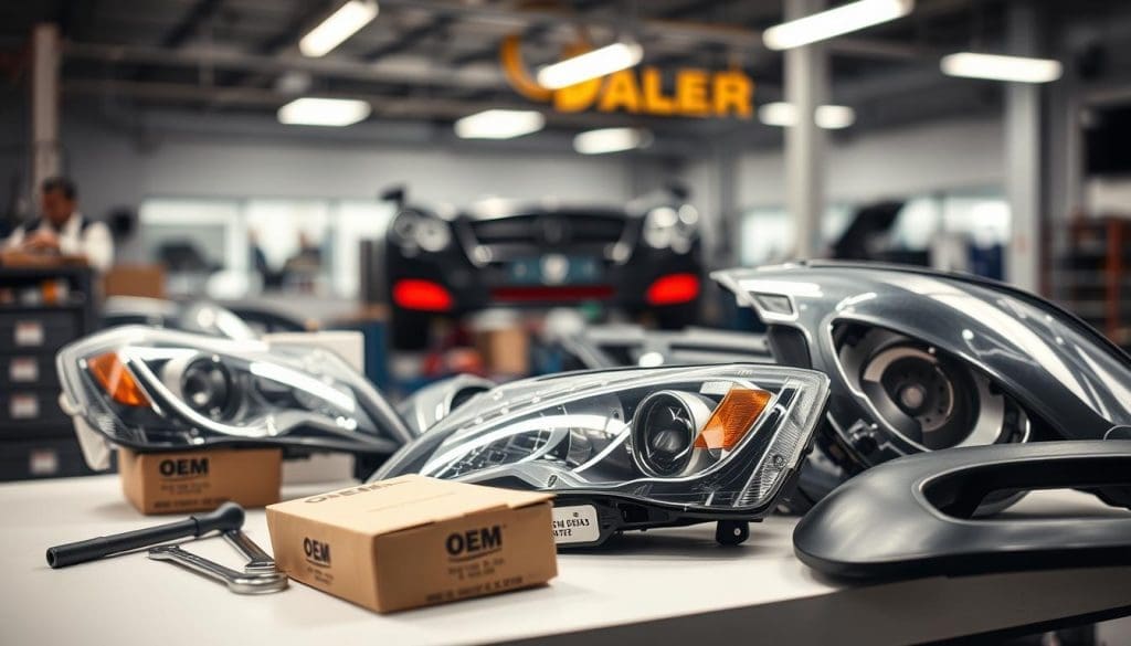 OEM auto parts displayed on a workshop table, including headlights and other components, emphasizing quality and safety in vehicle repairs.