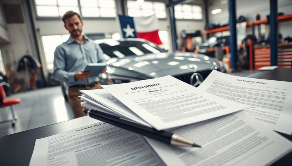 Man reviewing repair estimates in an auto body shop with Texas flag in the background, emphasizing consumer rights and informed decisions regarding vehicle repairs.