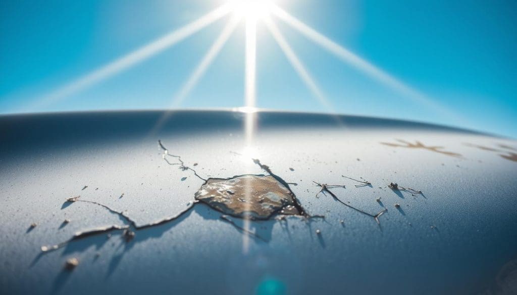 Cracked car paint showing UV damage under bright sunlight, illustrating the effects of sun exposure on vehicle finishes.