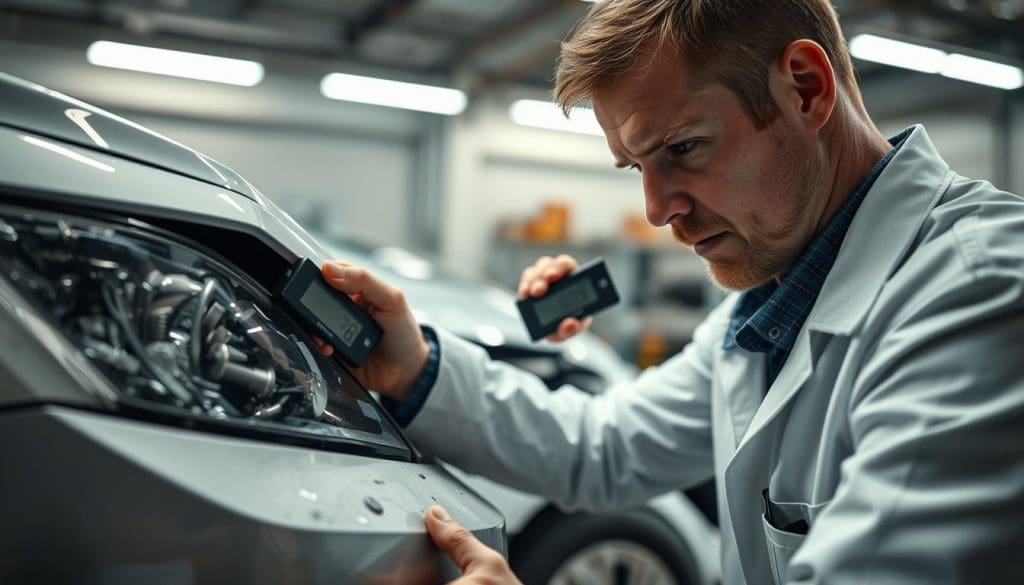 Technician conducting a detailed visual inspection of a vehicle's front end, using diagnostic tools to assess damage and ensure safety after an accident.