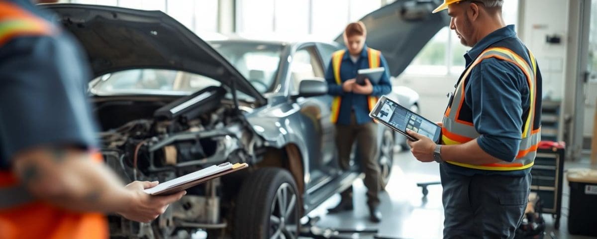 Technicians assessing vehicle damage at Miracle Body and Paint Collision Center, using tablets and clipboards in a well-lit garage setting.