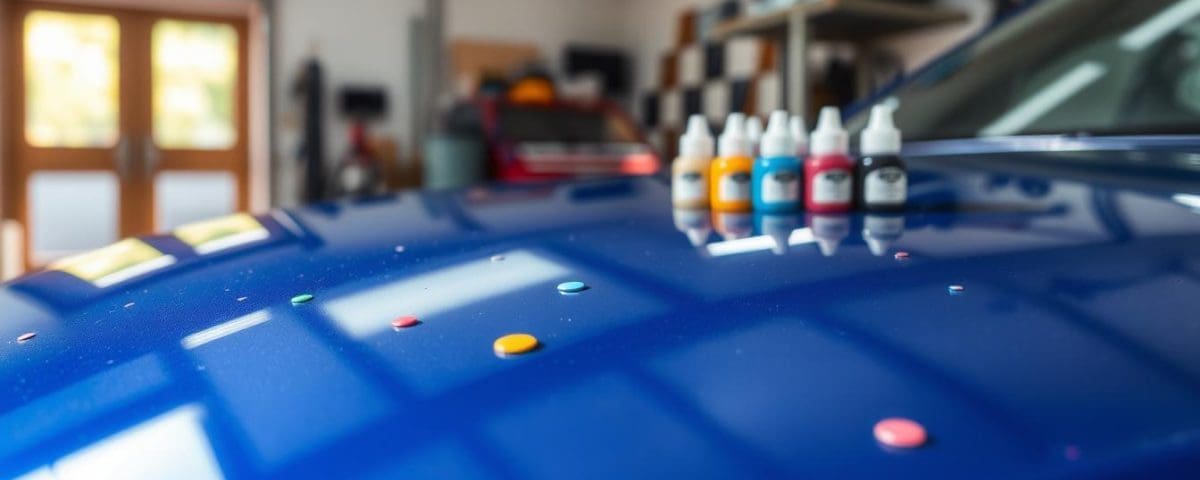 Blue car hood with small paint chips and repair bottles in a garage setting, highlighting auto body repair and paint protection services.