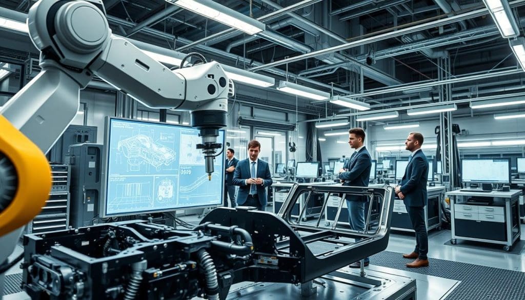 Robotic arm and professionals analyzing vehicle structural repair technologies in a modern workshop, showcasing advanced computer-aided design and precision tools for collision repair.