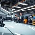 Robotic arm and technicians in modern auto body repair shop, showcasing advanced collision repair technology and expert assistance.