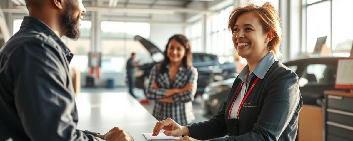 Customer service representative engaging with a client at an auto body repair shop, showcasing friendly communication and a welcoming environment, emphasizing transparency and customer satisfaction in collision repair services.
