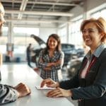 Customer service interaction at an auto repair shop, featuring a smiling female representative assisting a male customer, with a female observer in the background, highlighting attentive service in vehicle restoration.