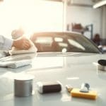 Car detailing process after collision repair, featuring a technician polishing a vehicle's surface with detailing products in a workshop setting.