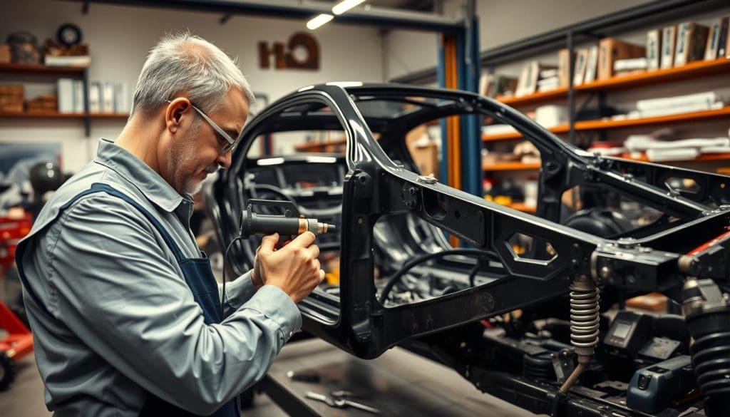 car frame inspection Technician inspecting car frame with specialized tool in auto body shop, highlighting frame assessment techniques for hidden damage detection at Miracle Body and Paint Collision Center.