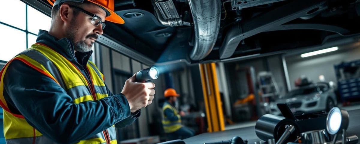 Technician inspecting vehicle frame with flashlight in auto body repair shop, emphasizing hidden frame damage detection for safety and performance.