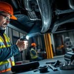 Technician inspecting vehicle frame for hidden damage using flashlight, emphasizing auto body repair and rust prevention techniques at Miracle Body and Paint Collision Center.