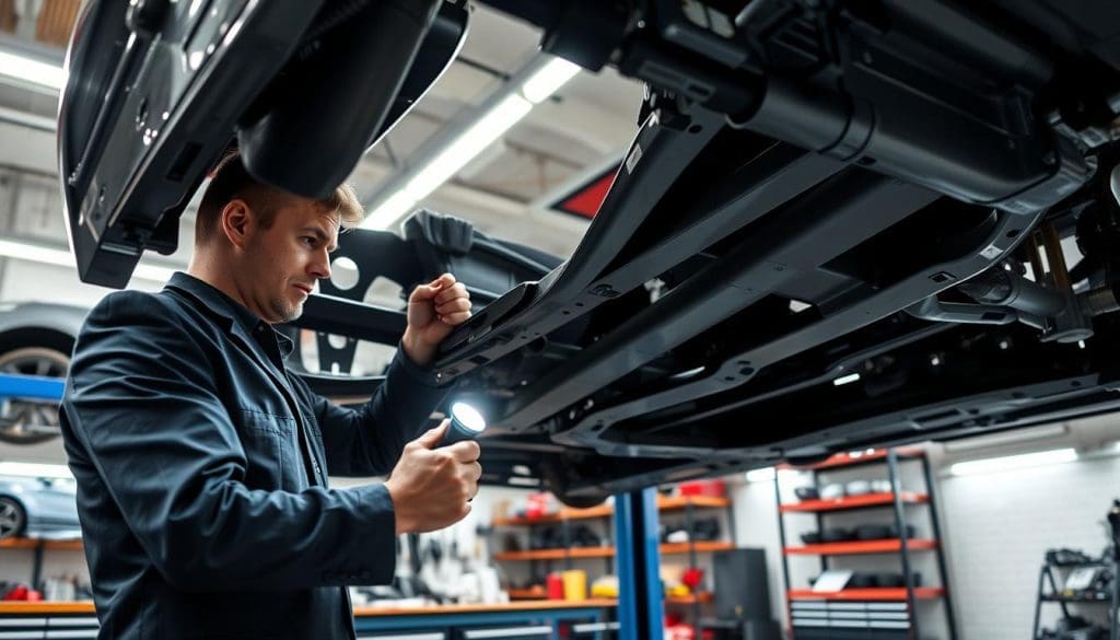 car frame inspection Mechanic inspecting a car frame with a flashlight, highlighting the importance of frame inspections for vehicle safety and performance.