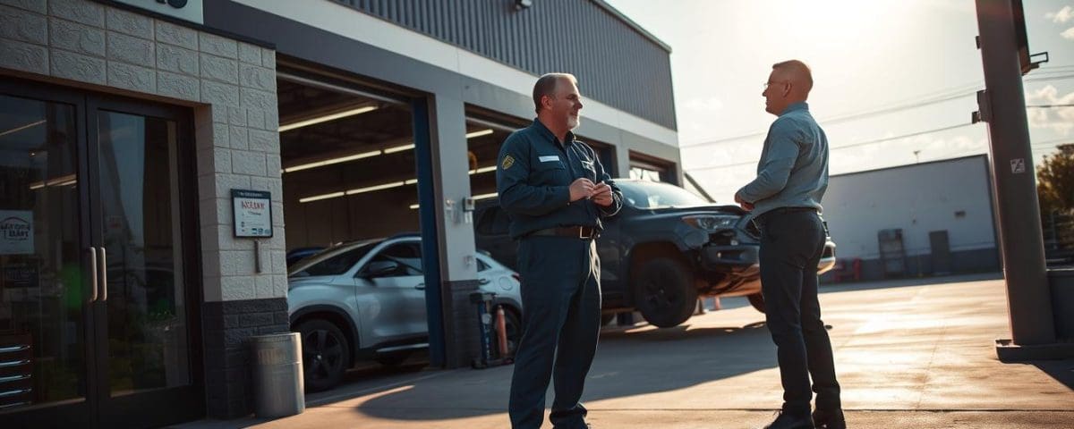 Two men discussing auto body repair outside Miracle Body and Paint Collision Center, with vehicles in the background, emphasizing consumer rights in collision services.