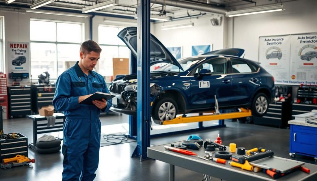 Mechanic in blue uniform reviewing repair notes in auto body shop with vehicle on lift and tools on workbench, illustrating repair timeframes and communication in collision repair process.