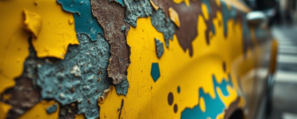 Close-up of a car's paint with severe peeling and fading, showcasing yellow and blue layers, illustrating auto paint damage relevant to repair services.