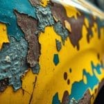 Peeling and faded auto paint on a yellow vehicle, illustrating damage potentially caused by San Antonio weather, relevant to fleet vehicle repair services.