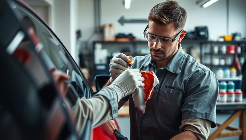 Auto body technician applying paint to a vehicle's surface, demonstrating paint restoration techniques at Miracle Body and Paint Collision Center.