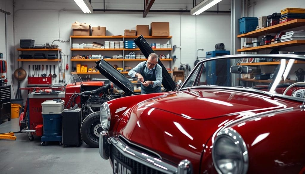 Mechanic inspecting engine of classic red convertible in auto body repair shop, surrounded by tools and equipment, emphasizing vehicle restoration and repair expertise.