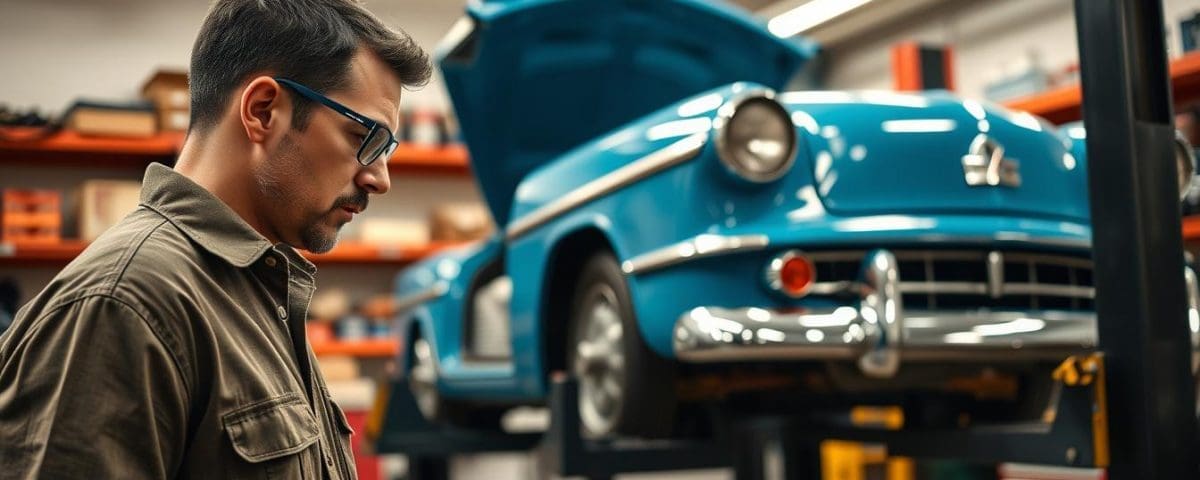 Man inspecting a classic blue car in an auto body repair shop, emphasizing vehicle restoration and collision repair services.