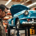 Man inspecting a classic blue car on a lift in an auto repair shop, emphasizing the importance of vehicle restoration and collision repair.