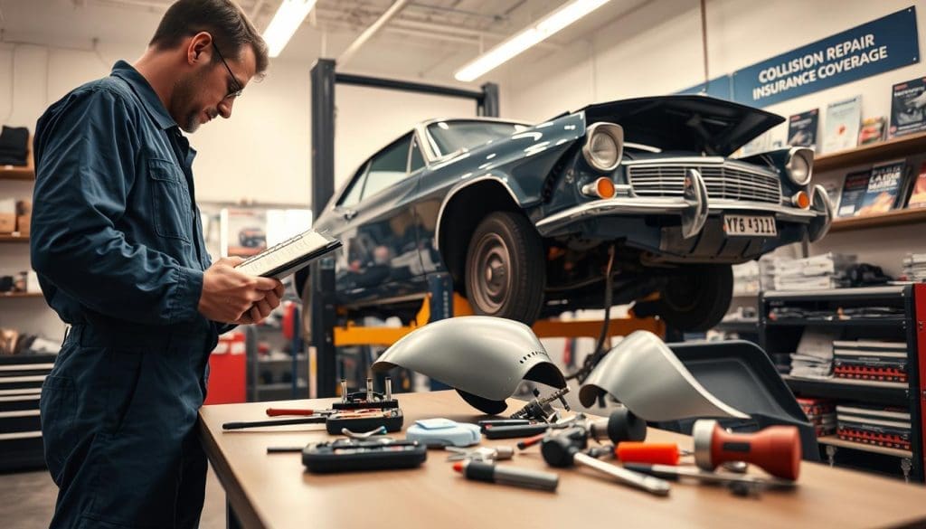 Mechanic reviewing repair estimates in an auto body shop with a vintage car on a lift, surrounded by tools and parts, emphasizing collision repair and restoration services.