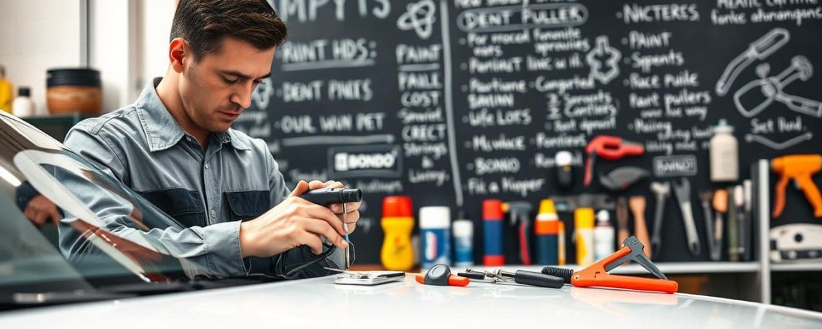 Auto body technician inspecting tools in a collision repair shop, with a background featuring repair supplies and a chalkboard listing repair tips and services, emphasizing quality standards and education in auto body repair.