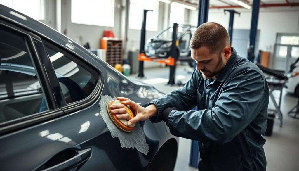 Technician sanding a vehicle's surface in a collision repair shop, focusing on refinishing steps for quality auto body repair.
