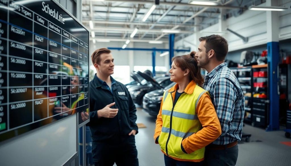 Collision repair scheduling board in a workshop, technician discussing with customers, showcasing efficient communication and service at Miracle Body and Paint Collision Center in San Antonio.