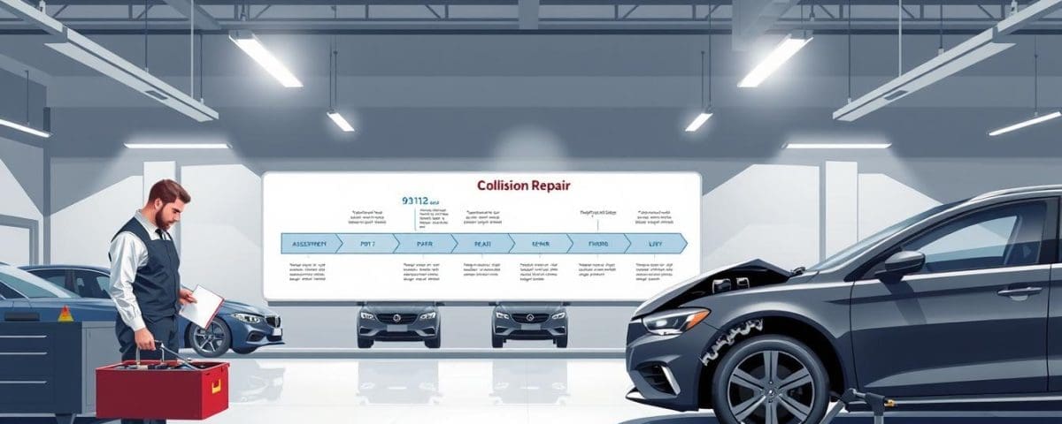 Collision repair technician in auto body shop with tool kit, overview of repair process displayed on wall, vehicles in background, emphasizing timely and efficient collision repairs.
