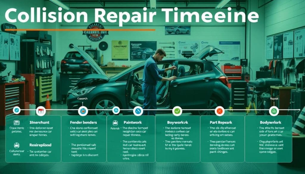 Collision repair timeline infographic showing various stages of vehicle repair, including structural work, paint jobs, and parts replacement, with a technician working on a car in a well-equipped auto body shop.