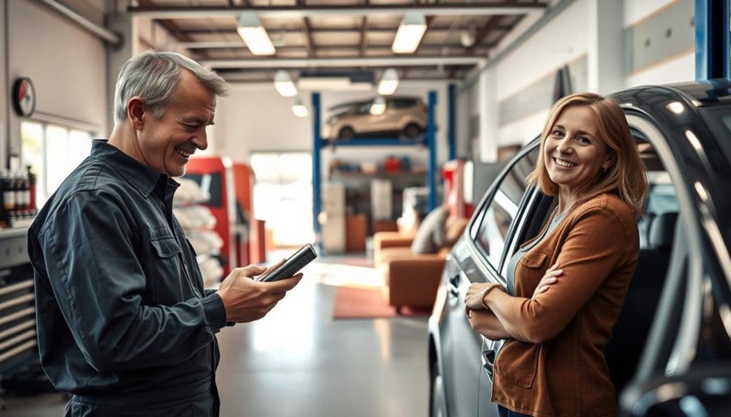 customer-centered repair experience Customer service interaction at Miracle Body and Paint Collision Center, showcasing a smiling woman next to her car and a technician using a smartphone, in a welcoming repair facility.