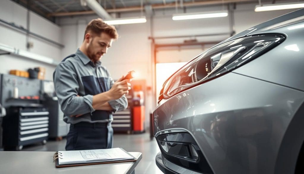 damage assessment Auto technician performing a detailed damage assessment on a silver vehicle using a flashlight, with a clipboard visible, in a well-equipped collision repair shop.